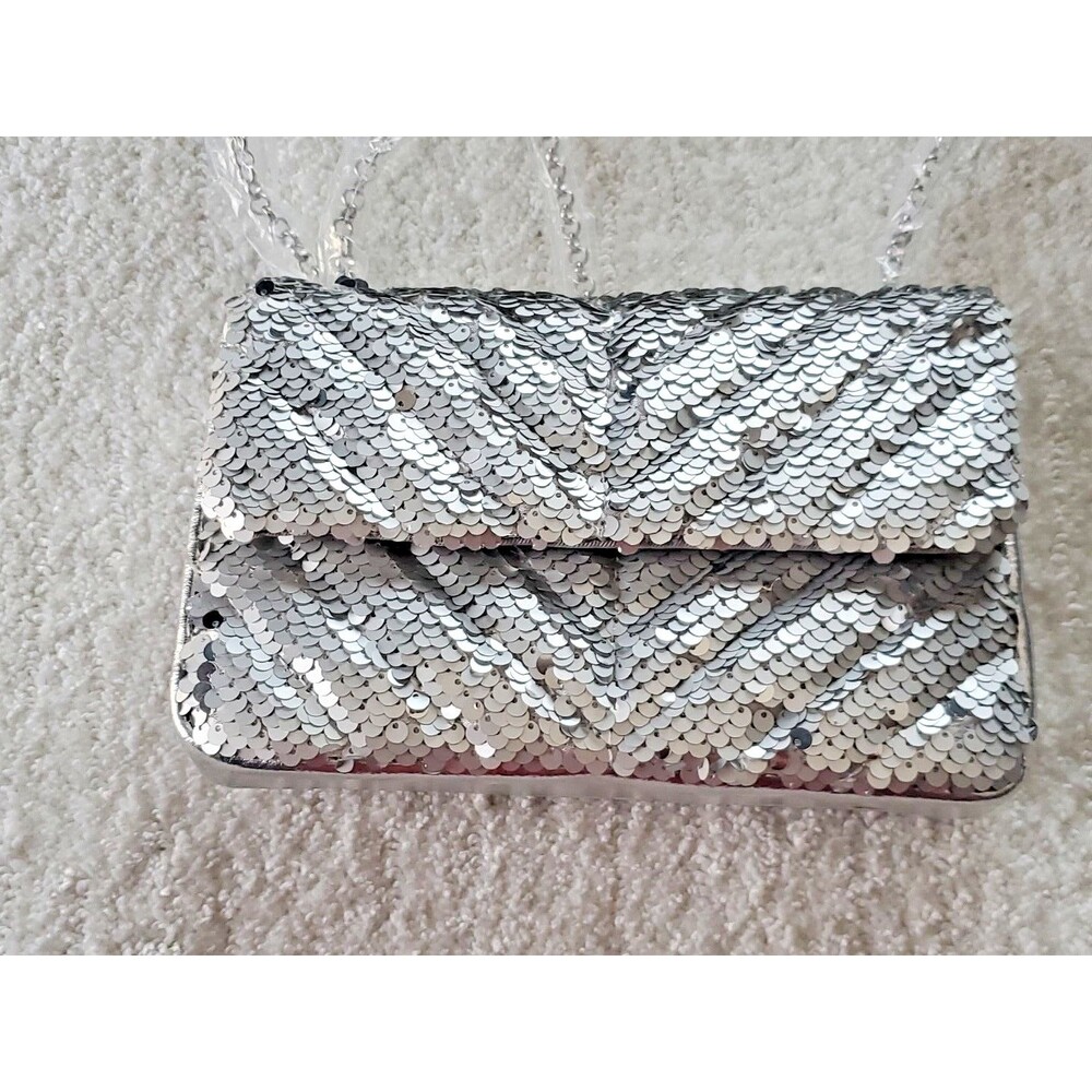 Nicole Miller S Silver Gray Chain Strap Sequined Crossbody Bag Purse Holidays